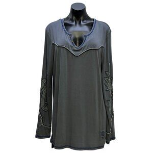 Double D Ranch Embroidered Tunic Top Gray Long Sleeves Western Style Shirt 1X
